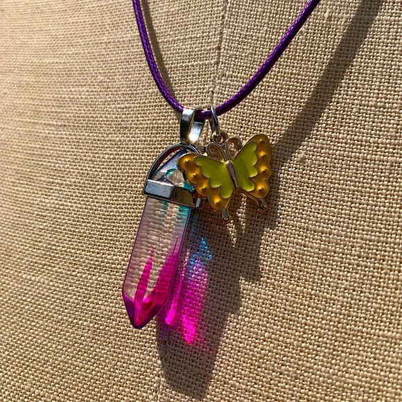 Hand Crafted Jewelry - Handmade Cotton Candy Crystal Amulet Necklace & Enamel Butterfly Charm